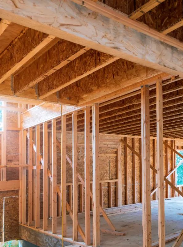 Open framed-out interior of a home under construction